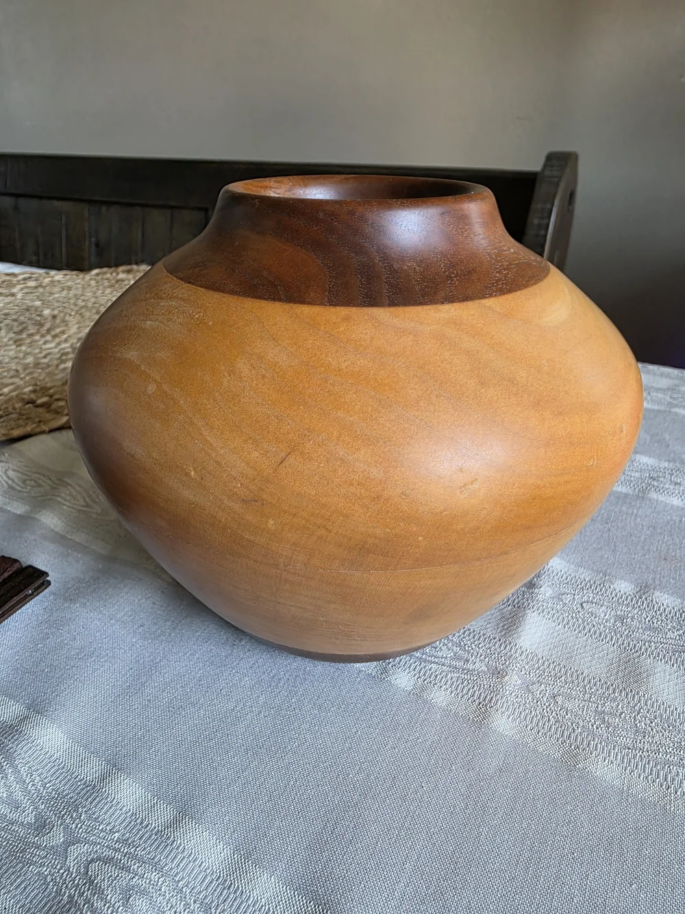 Vintage-Style Turned Wood Vase Two-Tone Boho Sculptural Vessel